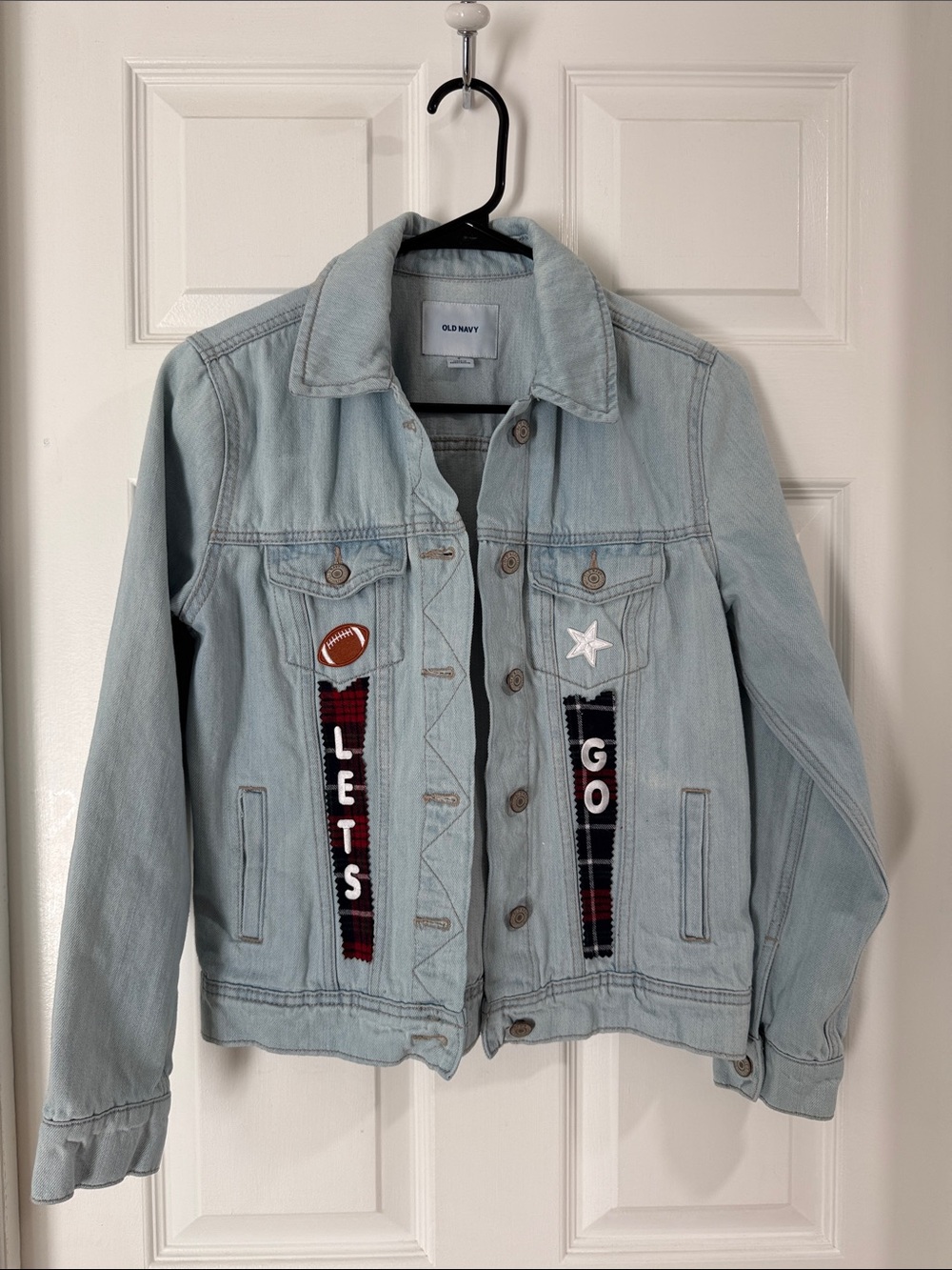 Upcycled pale blue denim Buffalo Bills jacket